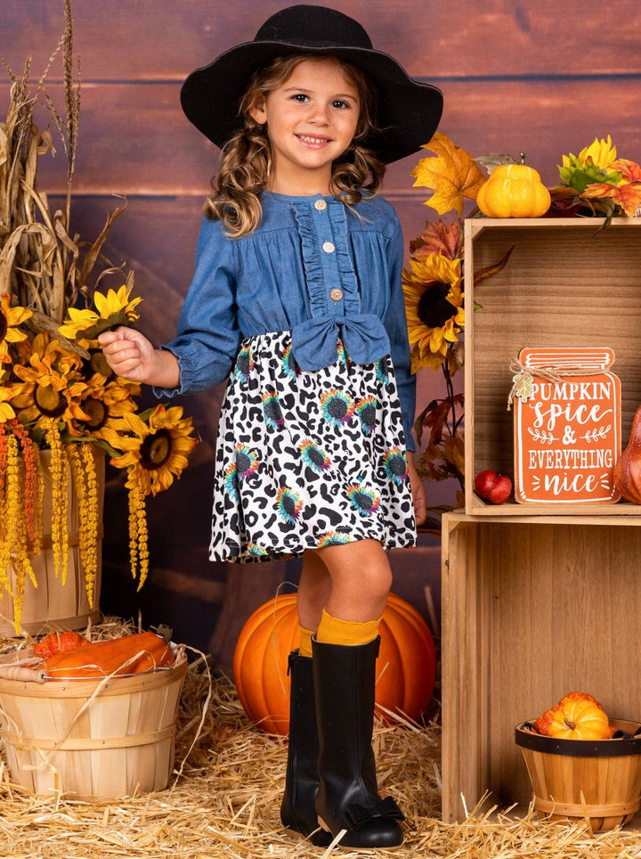 Girls Long Sleeve Denim Bodice, Leopard Sunflower Print Skirt Dress