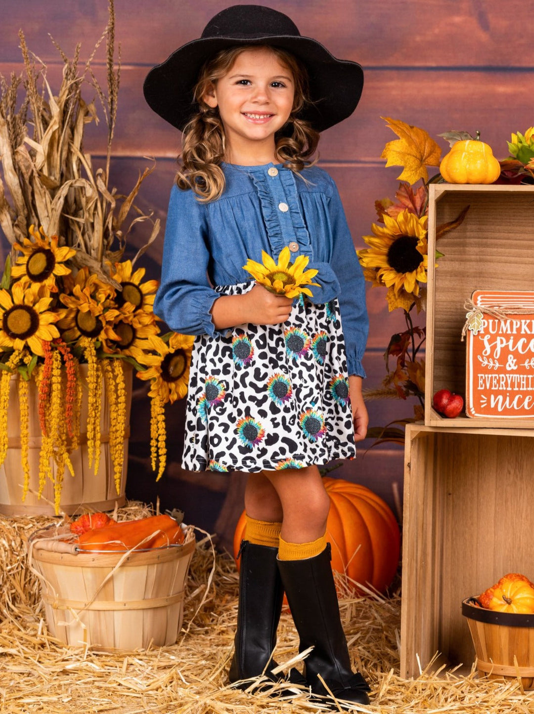 Girls Long Sleeve Denim Bodice, Leopard Sunflower Print Skirt Dress