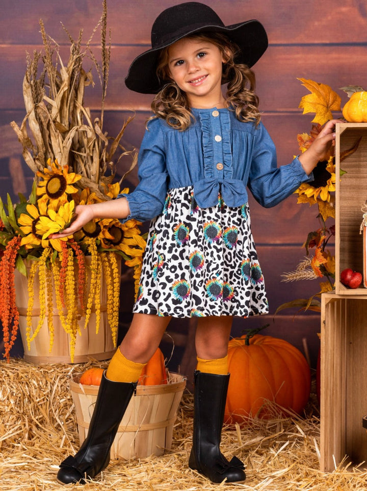 Girls Long Sleeve Denim Bodice, Leopard Sunflower Print Skirt Dress