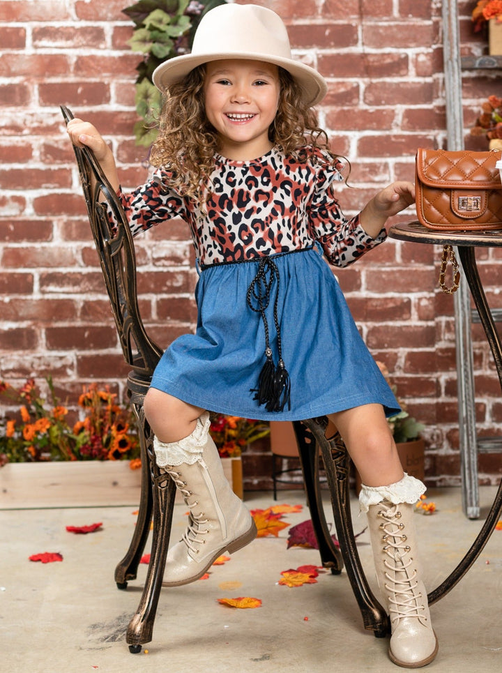 Girls Leopard Shoulder Ruffle  Denim Dress