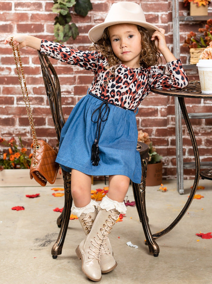 Girls Leopard Shoulder Ruffle  Denim Dress