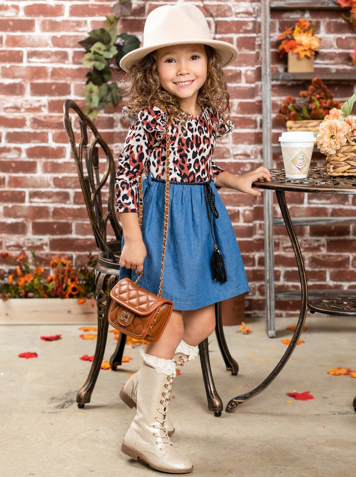 Girls Leopard Shoulder Ruffle  Denim Dress