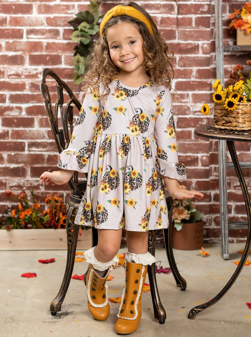 Fall Outfit | Leopard Print Pumpkin Pleated Dress | Cute Girls Clothes