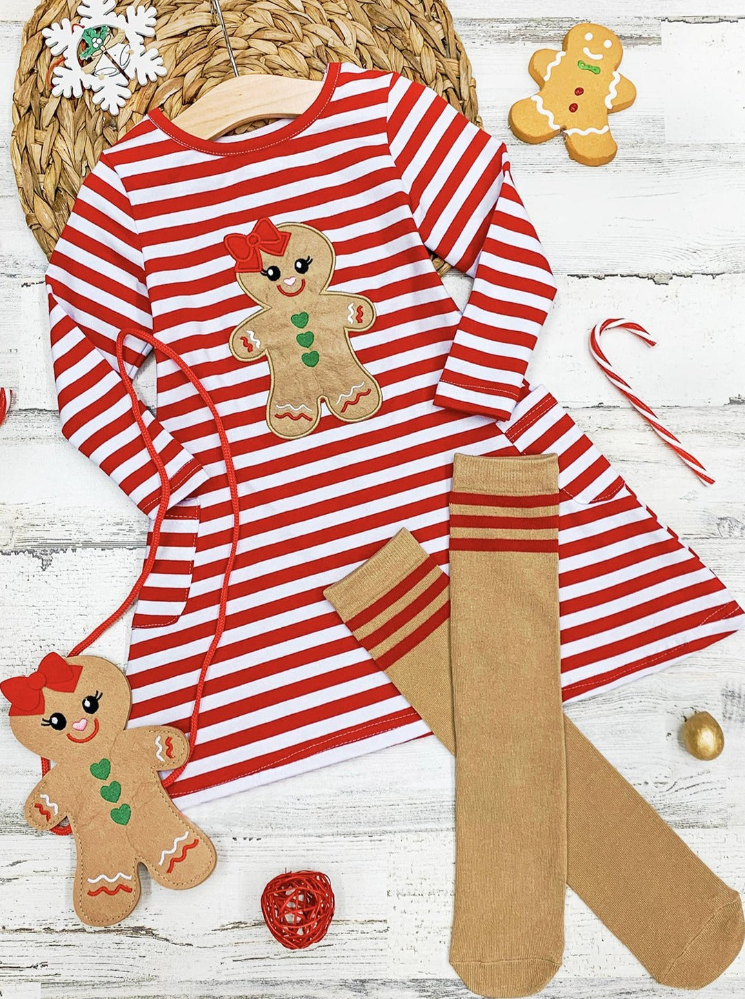 Toddler Winter Clothes | Gingerbread Striped Dress, Purse & Socks Set