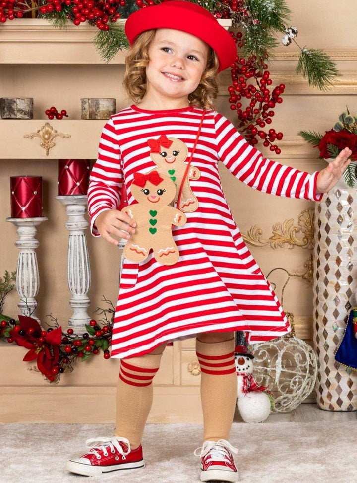 Toddler Winter Clothes | Gingerbread Striped Dress, Purse & Socks Set