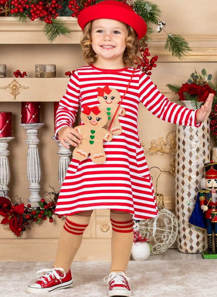 Toddler Winter Clothes | Gingerbread Striped Dress, Purse & Socks Set