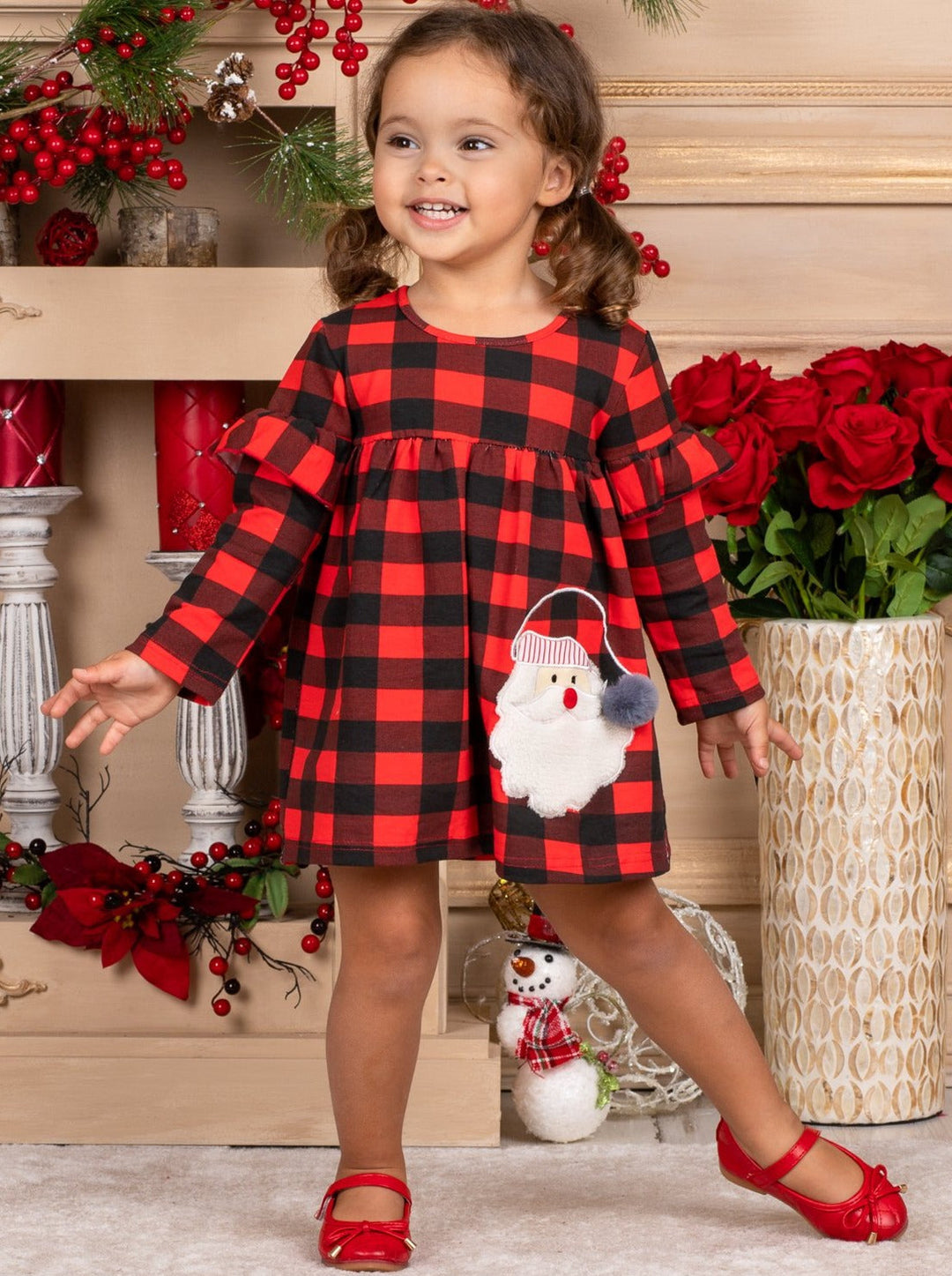 Girls Plaid Shoulder Ruffle Santa Applique Dress 2T-10Y