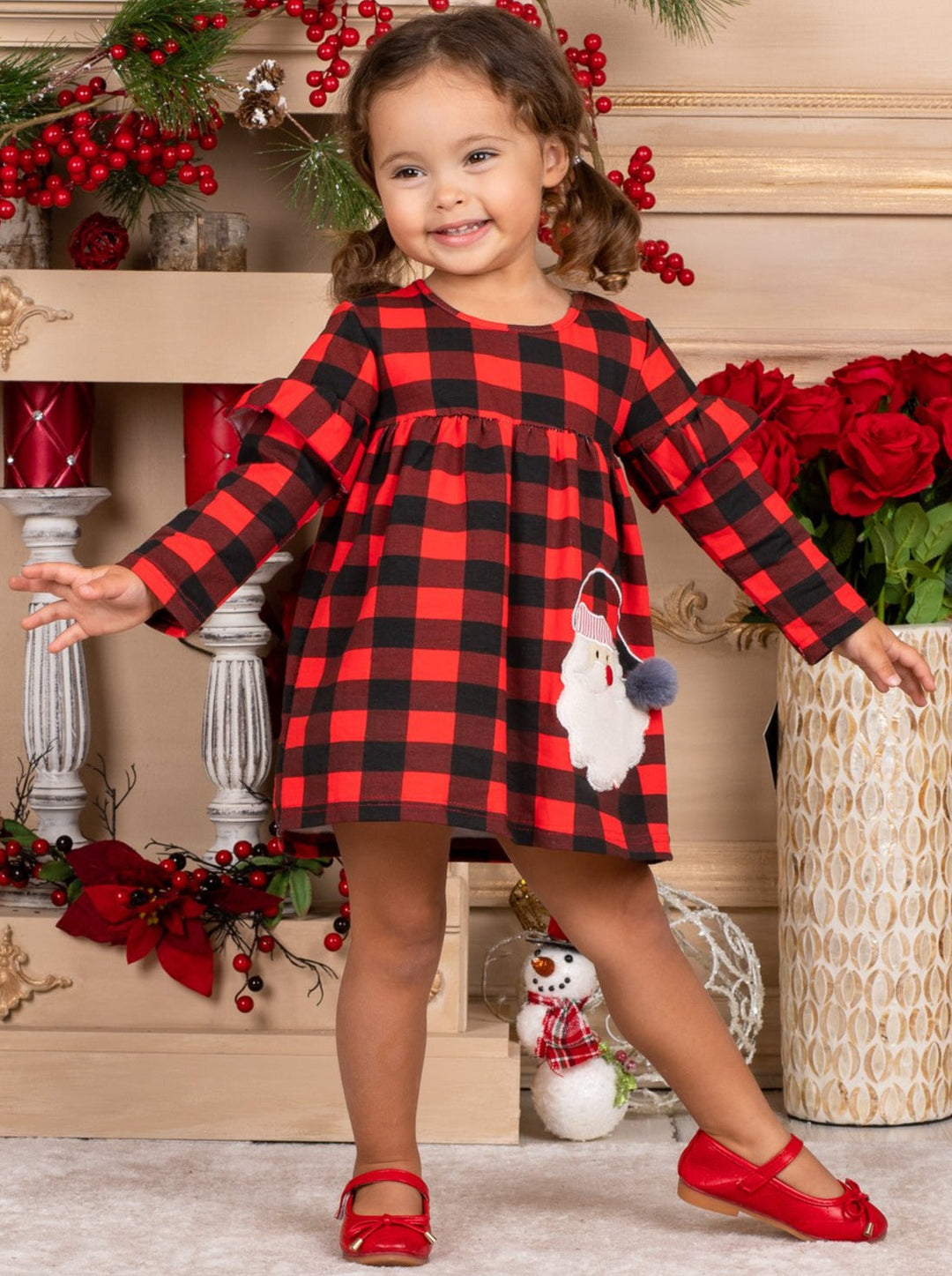 Girls Plaid Shoulder Ruffle Santa Applique Dress 2T-10Y