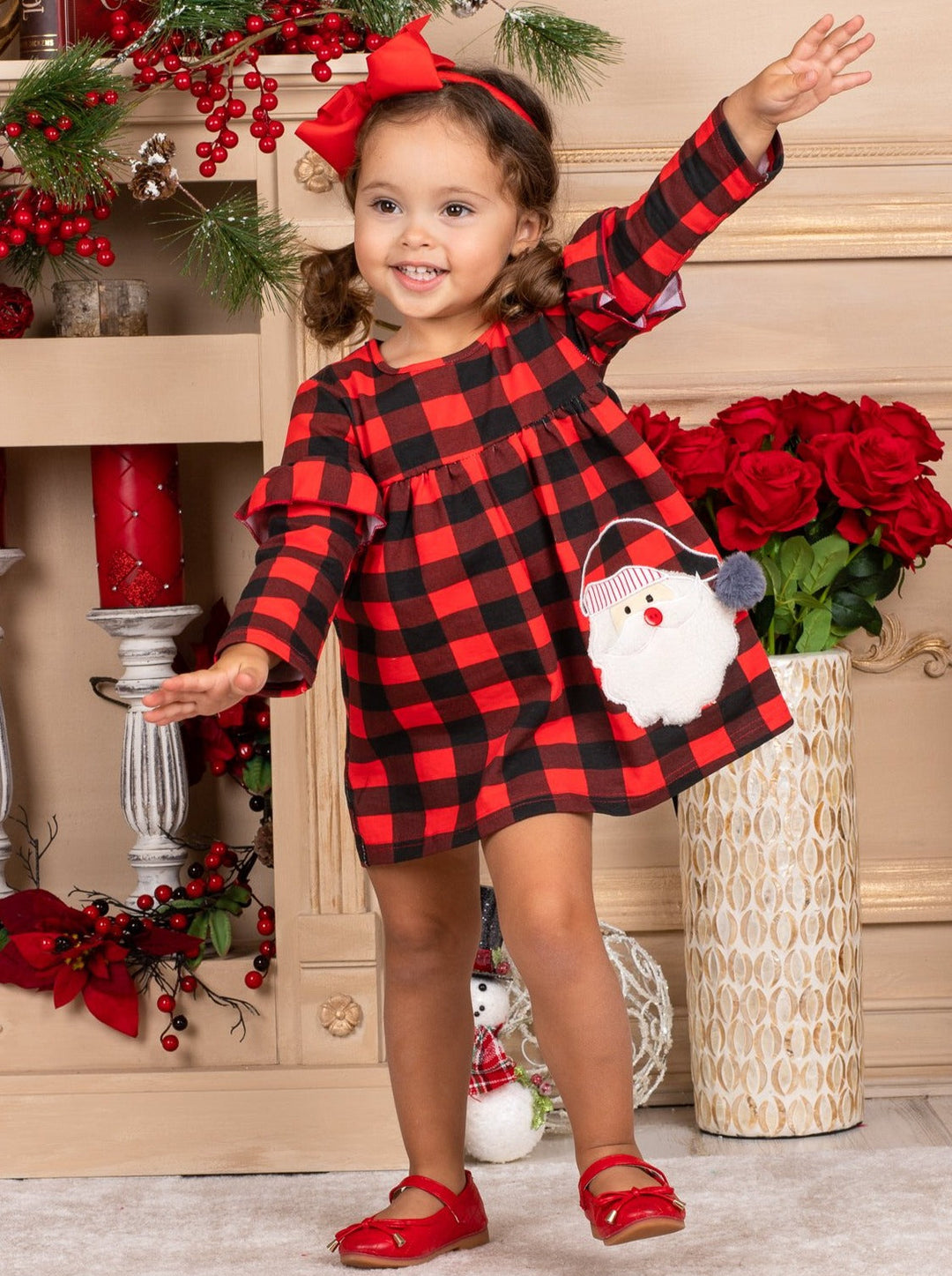 Girls Plaid Shoulder Ruffle Santa Applique Dress