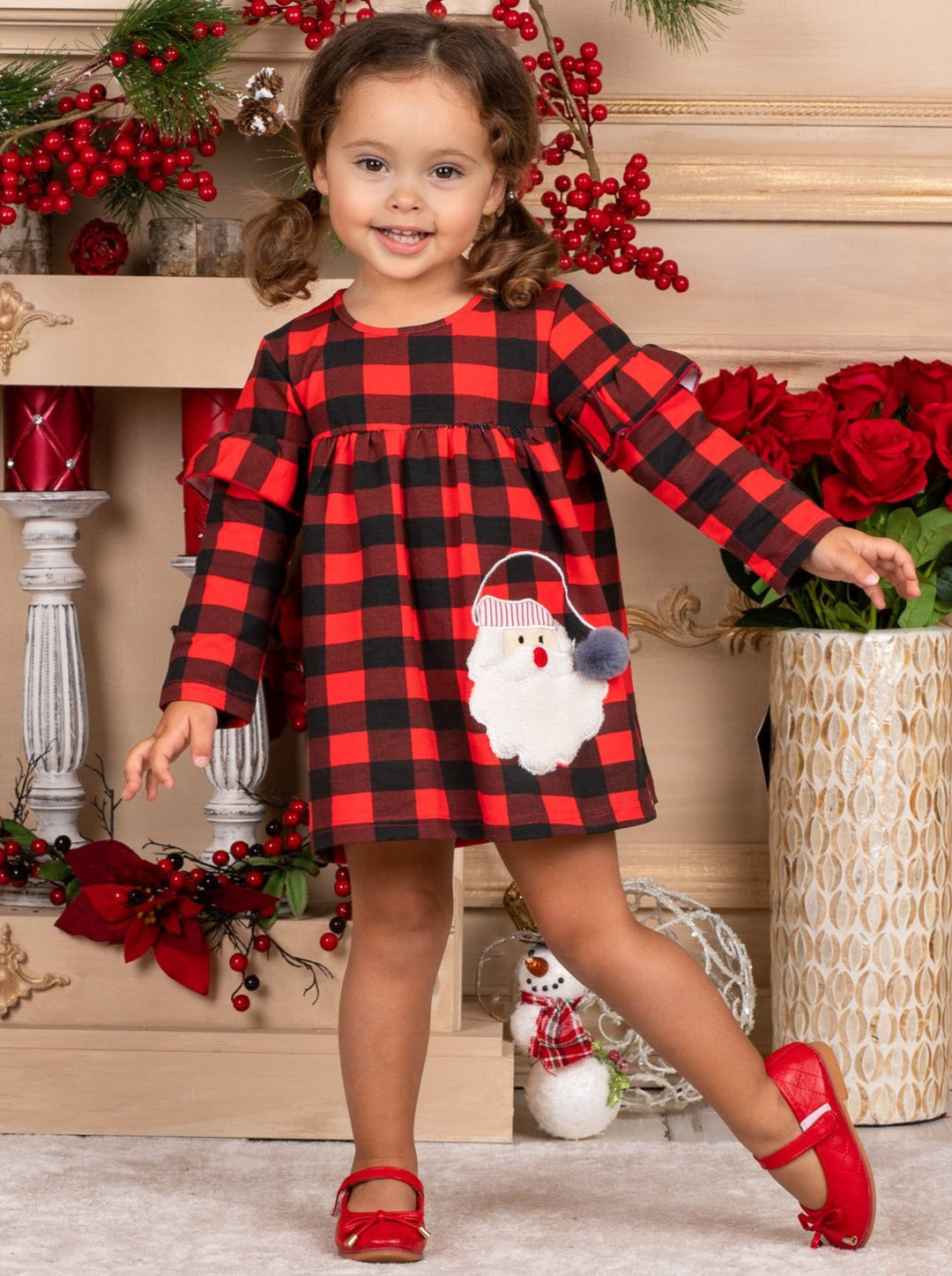 Girls Plaid Shoulder Ruffle Santa Applique Dress 2T-10Y