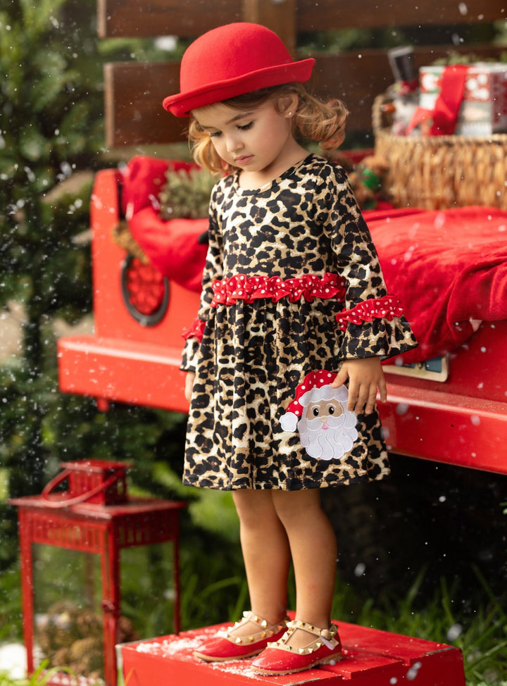 Cute Winter Dresses | Girls Leopard Print Santa Applique Ruffle Dress