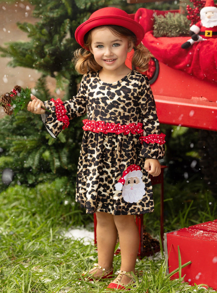 Cute Winter Dresses | Girls Leopard Print Santa Applique Ruffle Dress