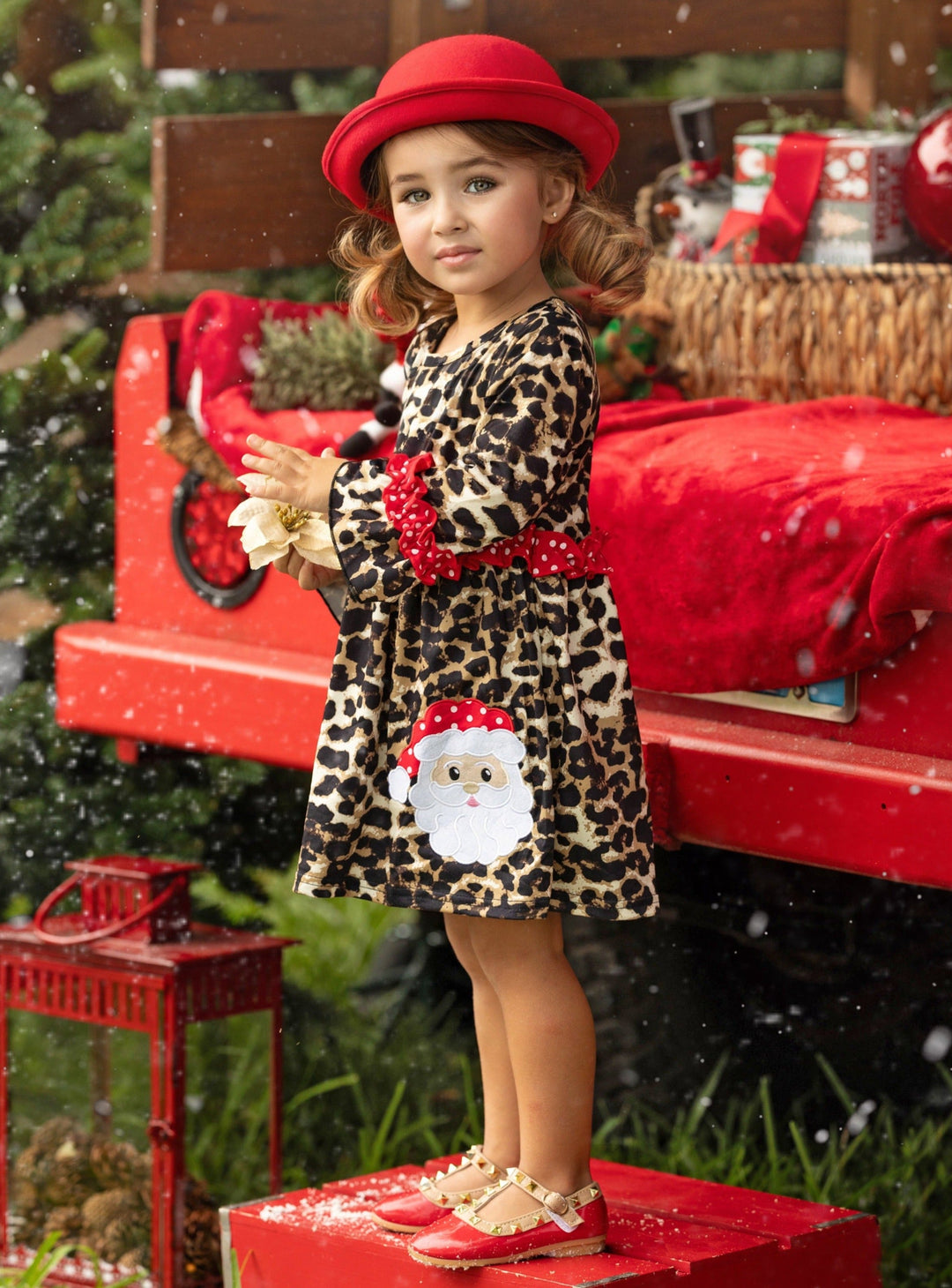 Cute Winter Dresses | Girls Leopard Print Santa Applique Ruffle Dress