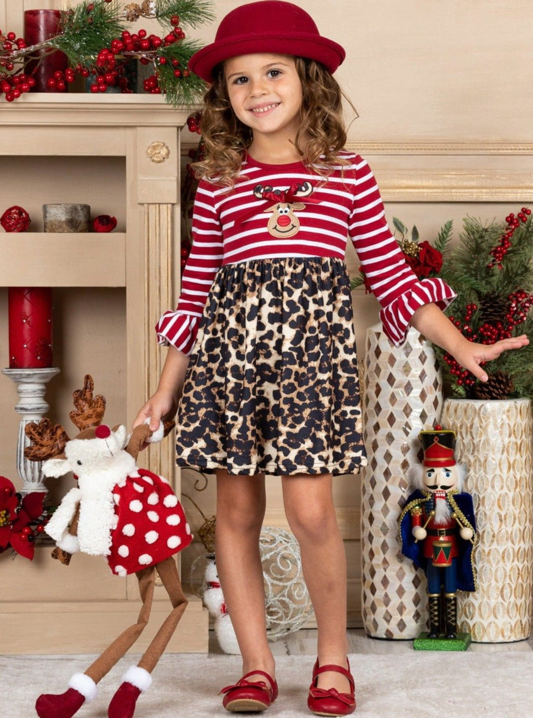 Cute Winter Dresses | Girls Rudolph Striped Bodice Leopard Print Dress