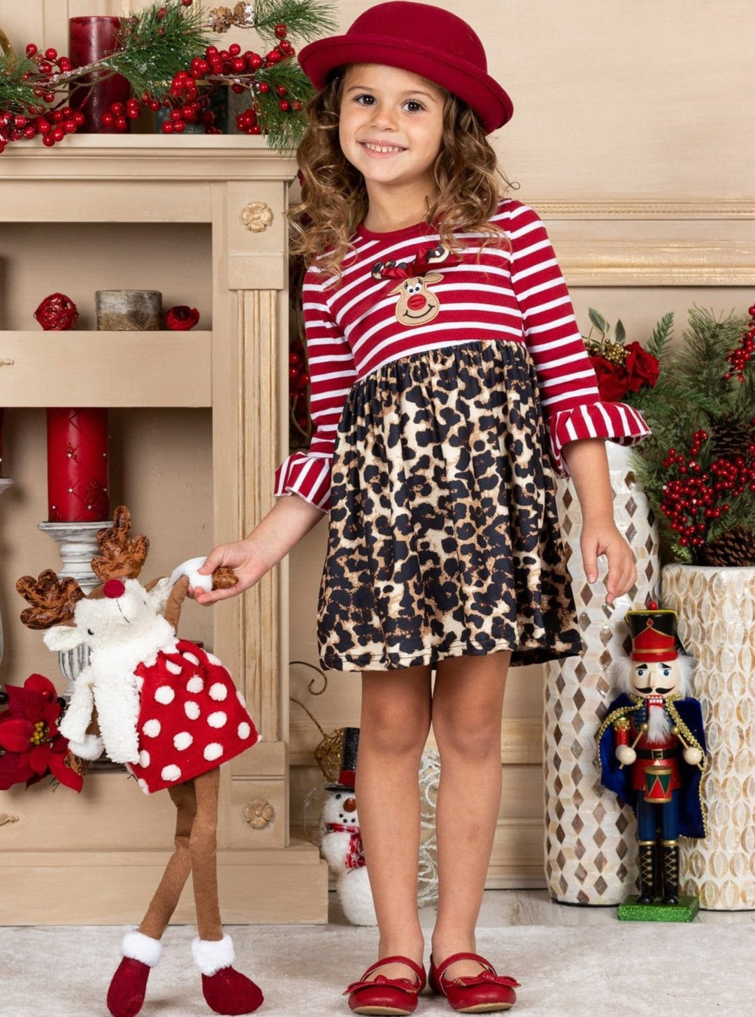 Cute Winter Dresses | Girls Rudolph Striped Bodice Leopard Print Dress