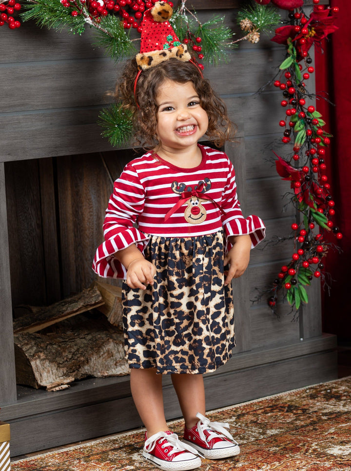 Cute Winter Dresses | Girls Rudolph Striped Bodice Leopard Print Dress