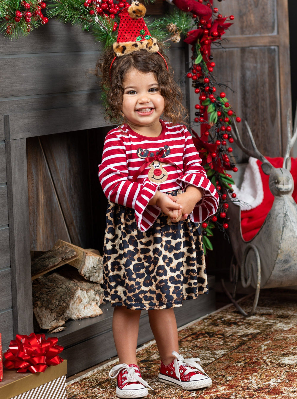 Cute Winter Dresses | Girls Rudolph Striped Bodice Leopard Print Dress