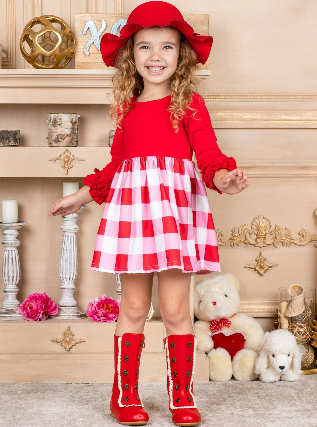 Toddlers Valentine's Clothes | Girls Colorblock Plaid Skirted Dress