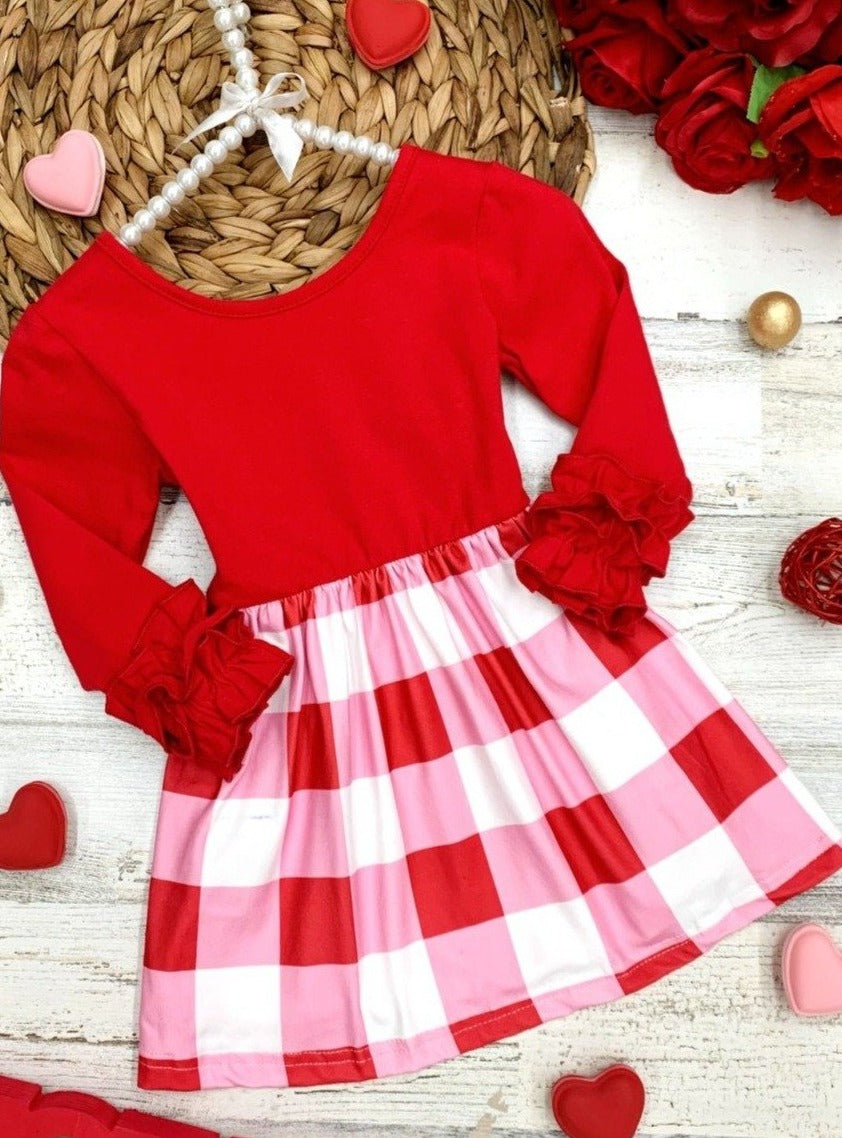 Toddlers Valentine's Clothes | Girls Colorblock Plaid Skirted Dress