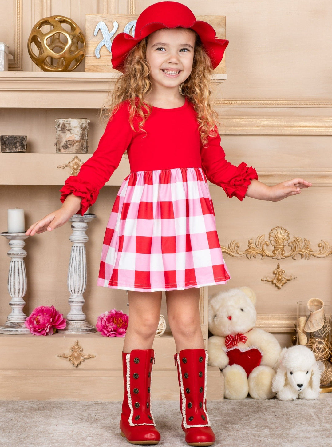 Toddlers Valentine's Clothes | Girls Colorblock Plaid Skirted Dress