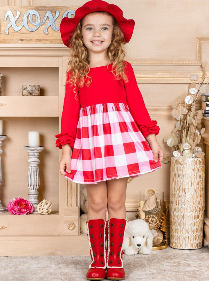 Toddlers Valentine's Clothes | Girls Colorblock Plaid Skirted Dress