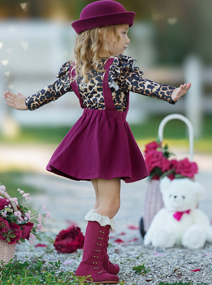 Kids Valentine's Clothes | Leopard Ruffle Top & Suspender Skirt Set