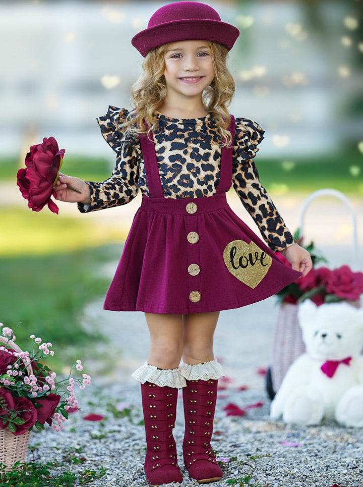 Kids Valentine's Clothes | Leopard Ruffle Top & Suspender Skirt Set