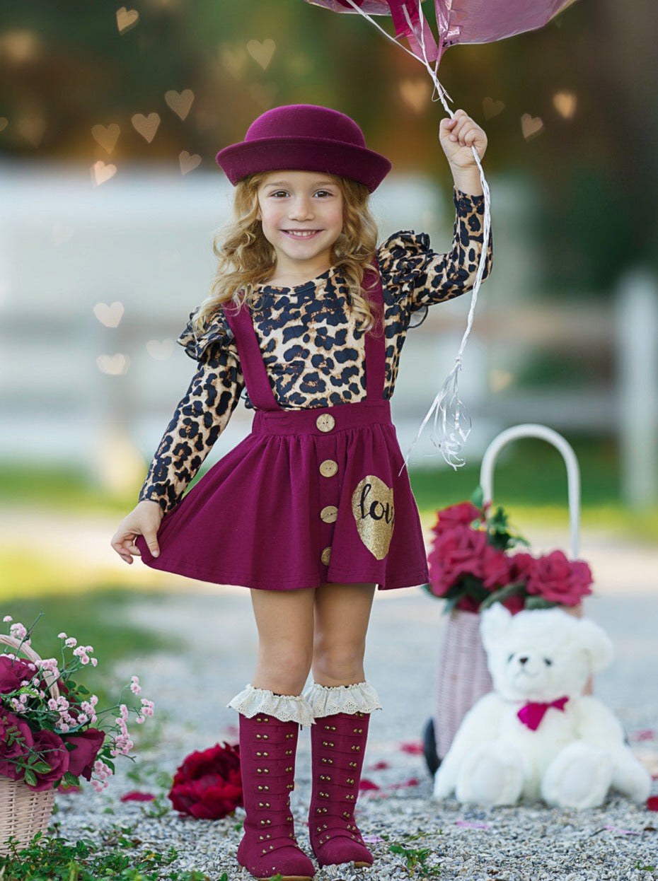 Kids Valentine's Clothes | Leopard Ruffle Top & Suspender Skirt Set