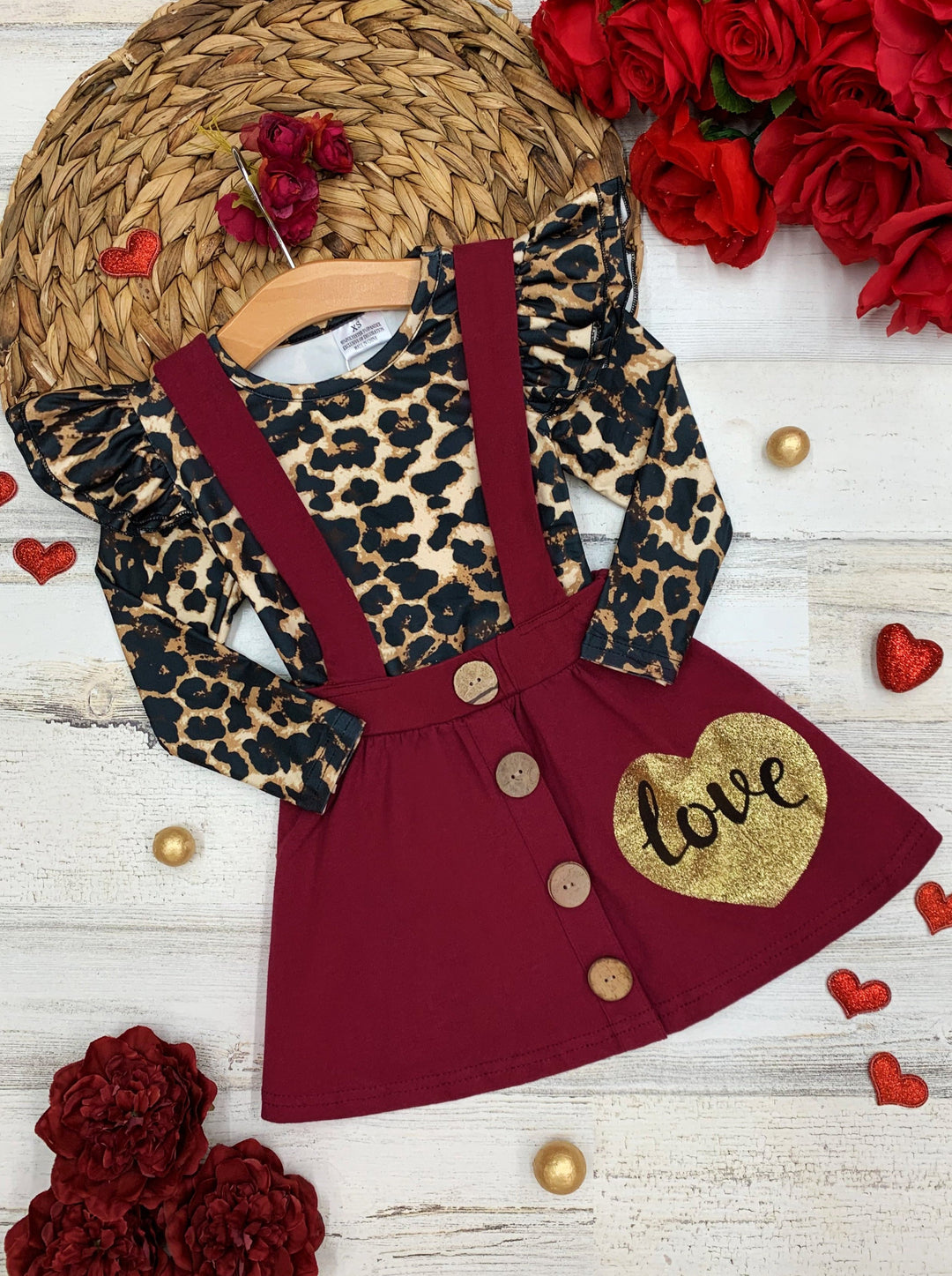 Kids Valentine's Clothes | Leopard Ruffle Top & Suspender Skirt Set