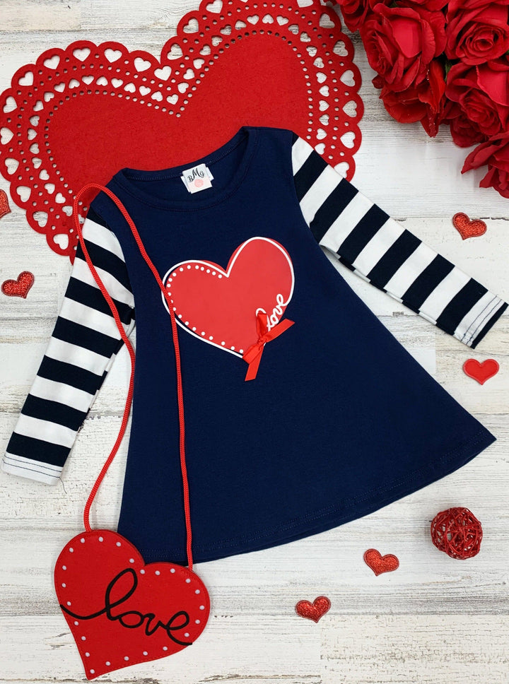 Kids Valentine's Clothes | Girls Striped Sleeve Dress & Purse Set