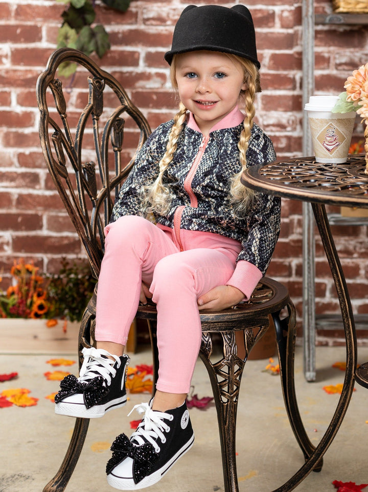 Kids Sweaters | Girls Snake Print Bomber Jacket | Mia Belle Girls