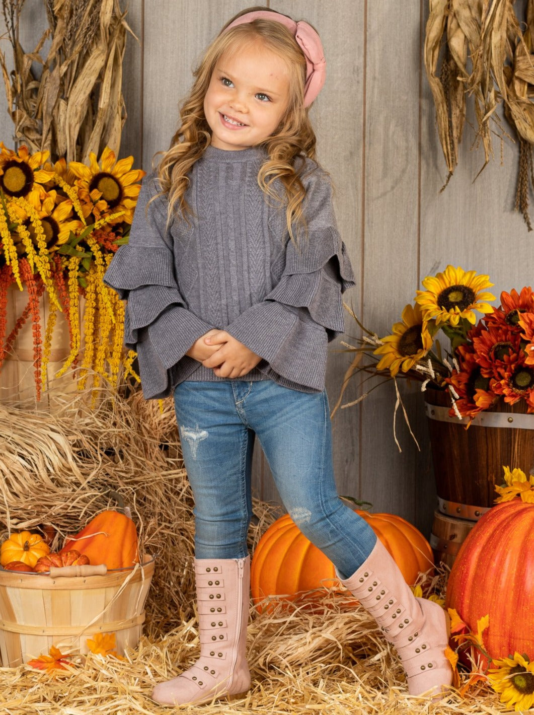 Toddler Fall Sweaters | Tiered Sleeve Grey Sweater | Mia Belle Girls