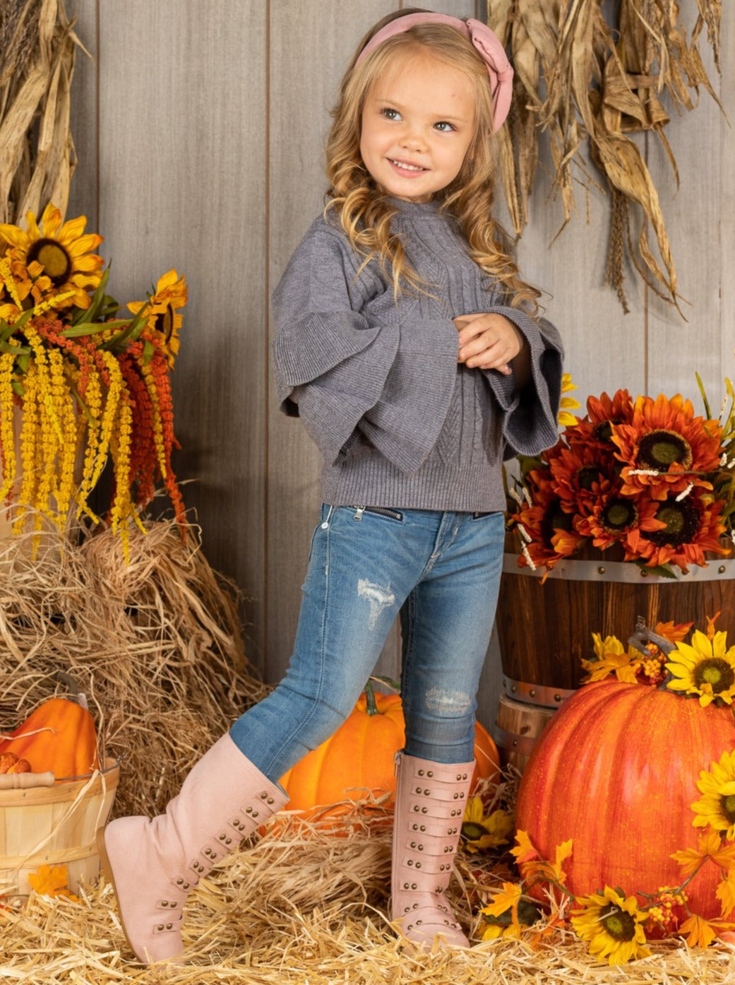 Toddler Fall Sweaters | Tiered Sleeve Grey Sweater | Mia Belle Girls