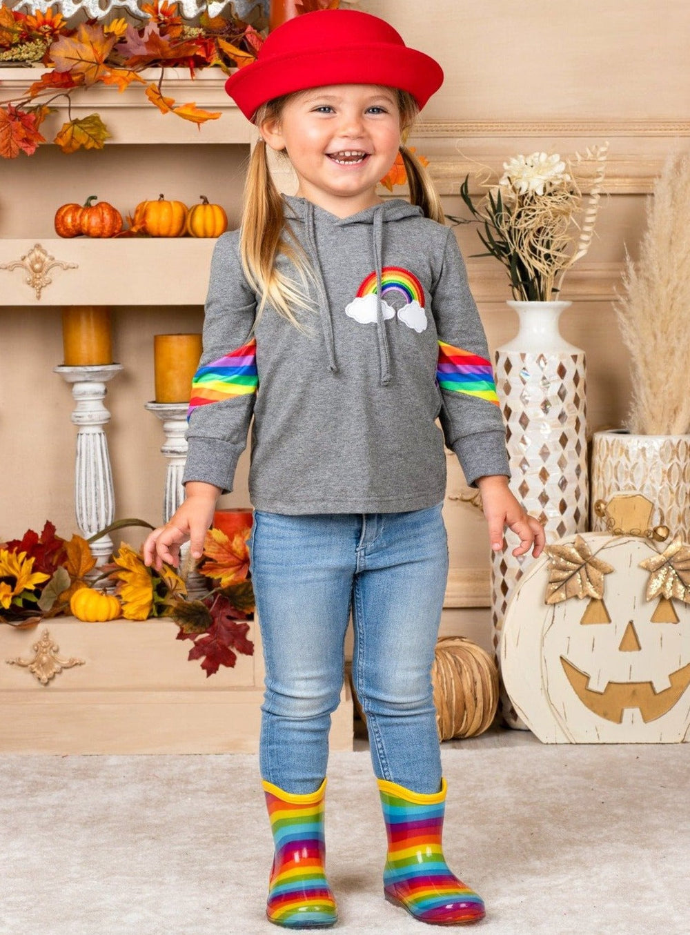 Girls Sweatshirts | Rainbow Drawstring Hoodie Top | Mia Belle Girls