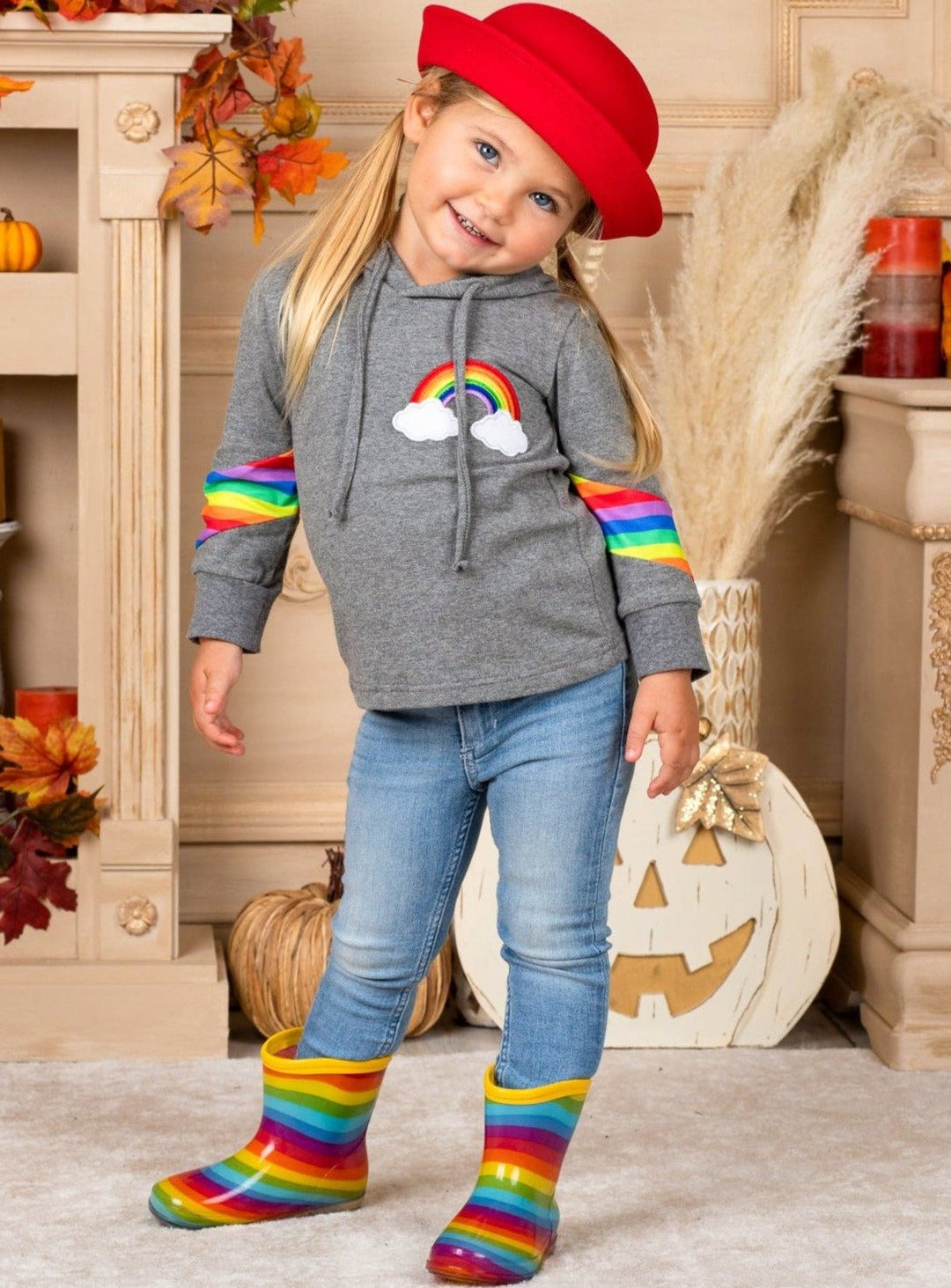 Girls Sweatshirts | Rainbow Drawstring Hoodie Top | Mia Belle Girls