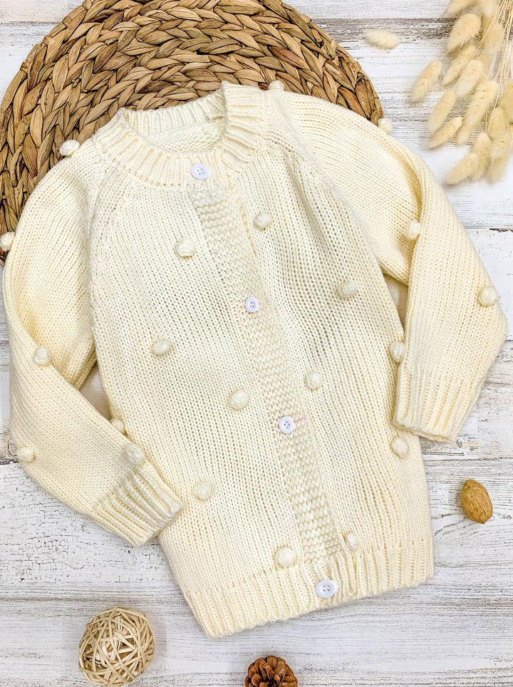 Girls Buttoned Pom Pom Accent Cardigan