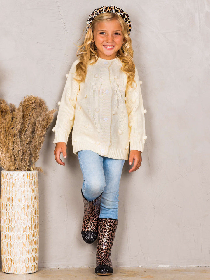 Girls Buttoned Pom Pom Accent Cardigan