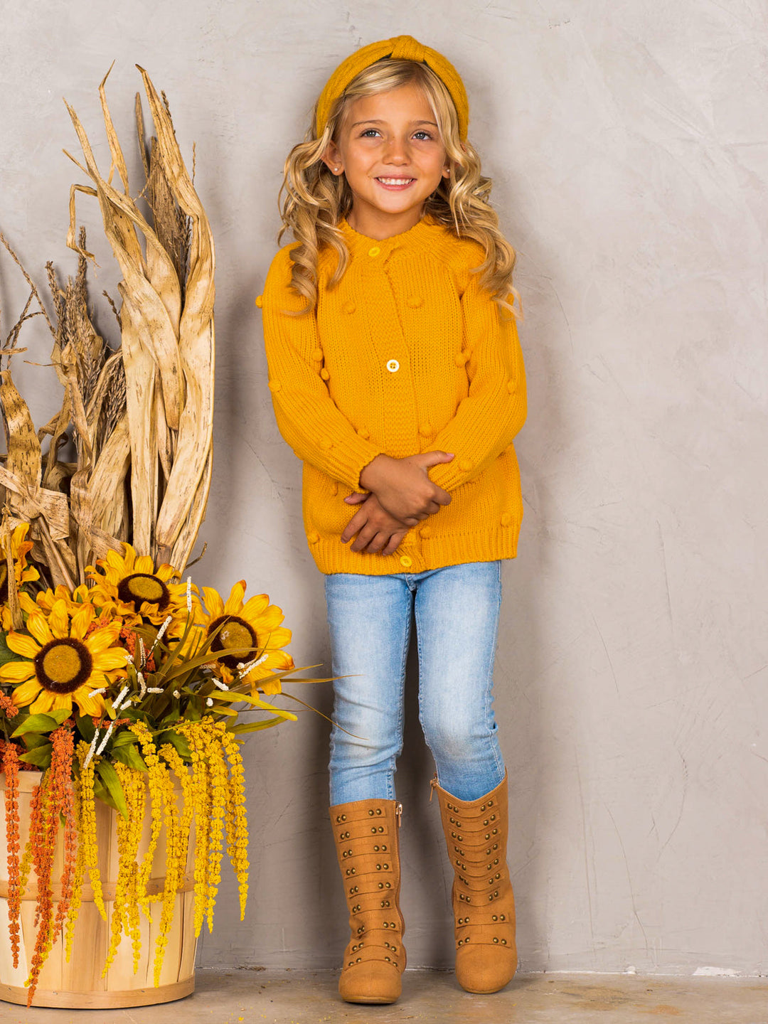 Girls Buttoned Pom Pom Accent Cardigan