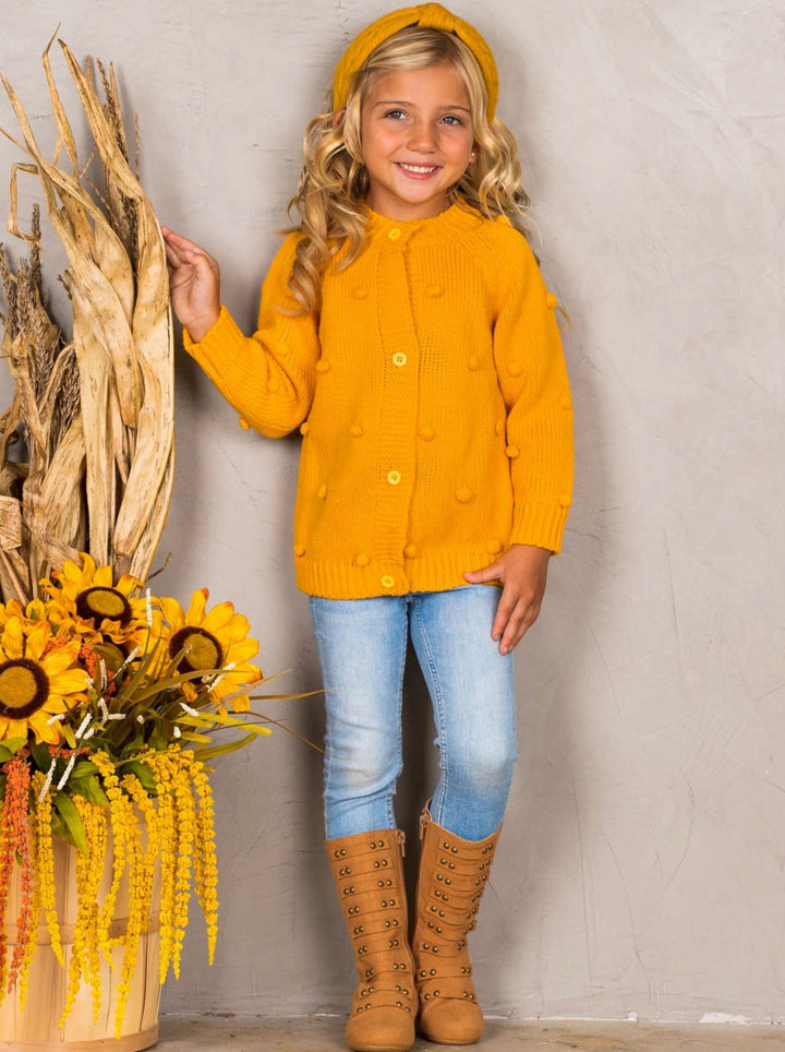 Girls Buttoned Pom Pom Accent Cardigan