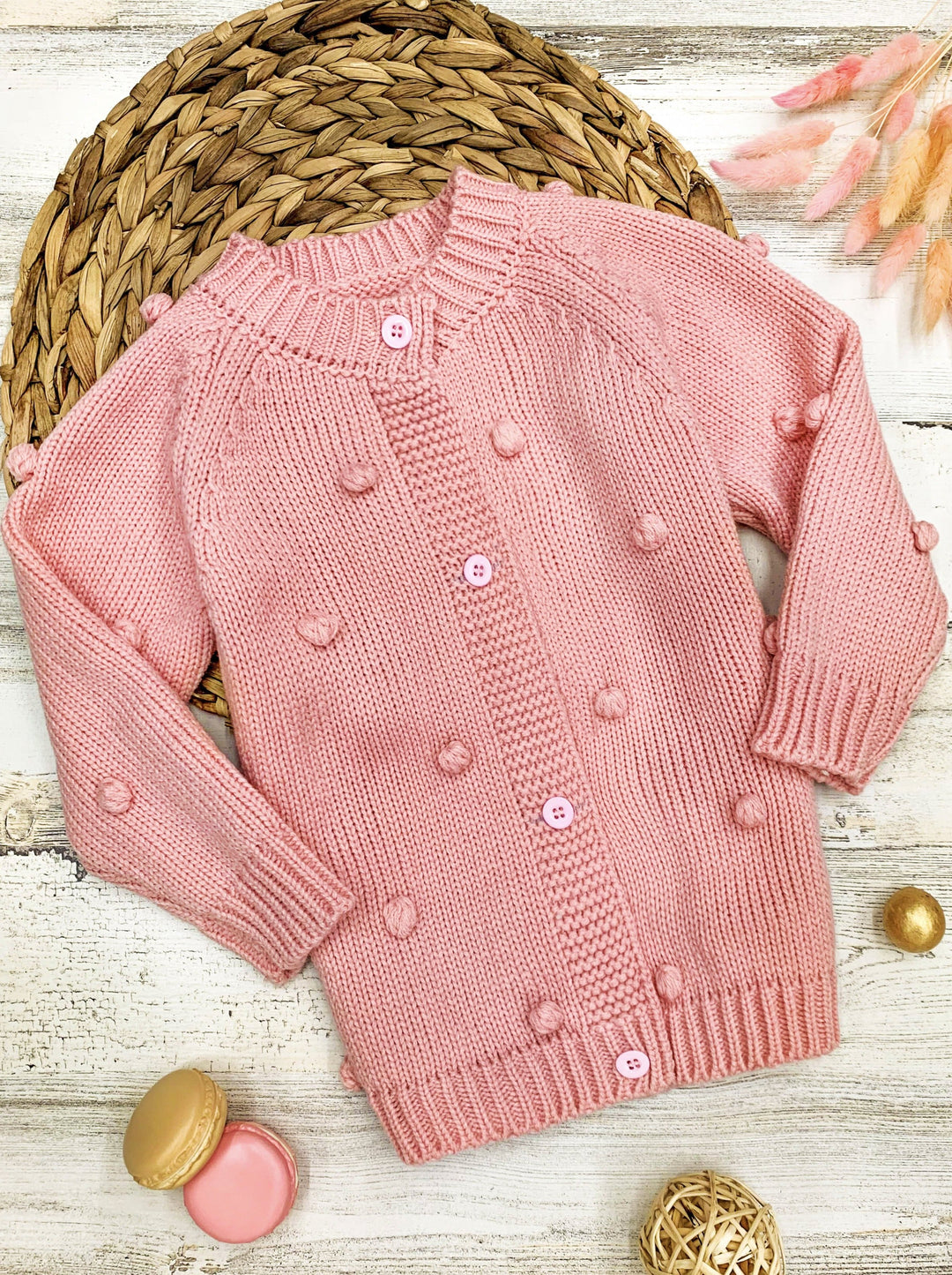 Girls Buttoned Pom Pom Accent Cardigan