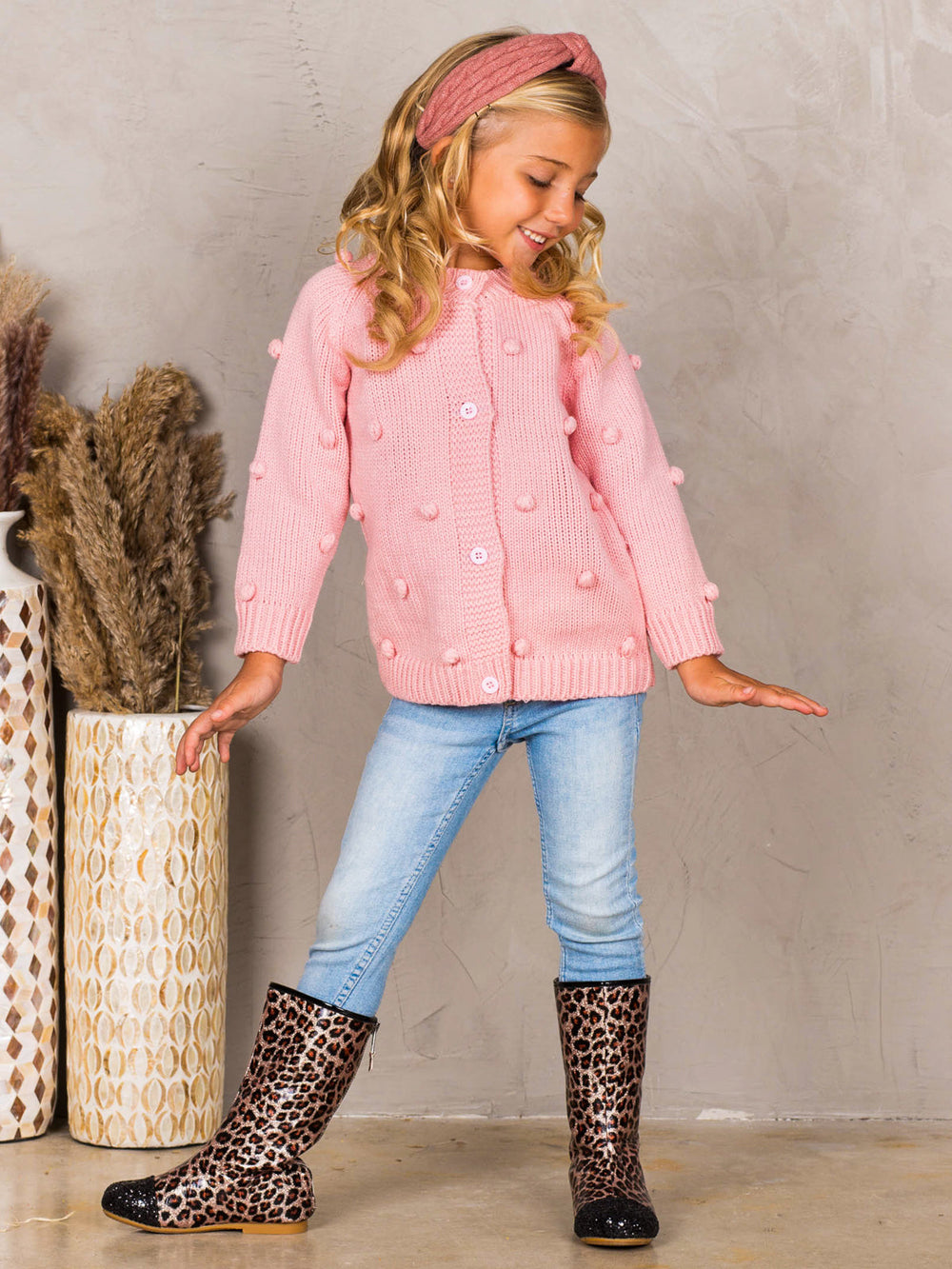 Girls Buttoned Pom Pom Accent Cardigan