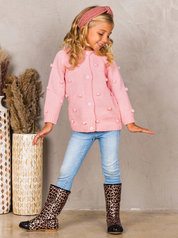 Girls Buttoned Pom Pom Accent Cardigan