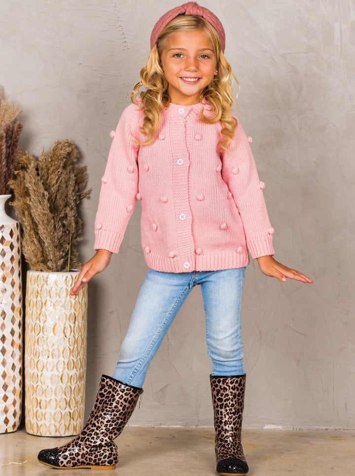 Girls Buttoned Pom Pom Accent Cardigan