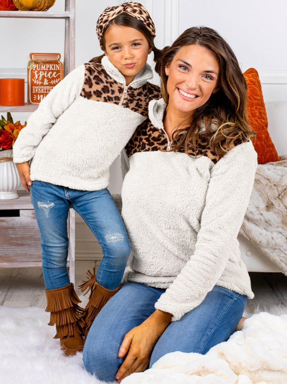 Mommy & Me Sweaters | Fleece Leopard Collar Sweater | Mia Belle Girls