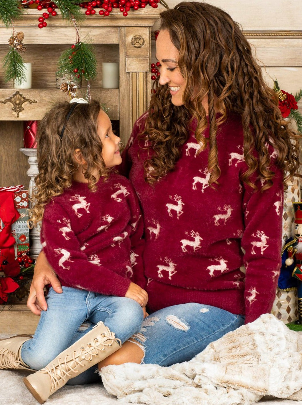 Mommy and Me Matching Tops | Winter Burgundy Reindeer Print Sweater 