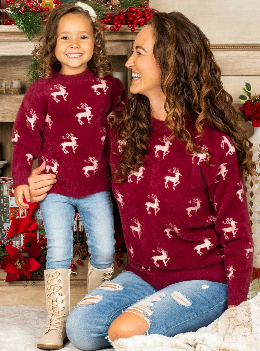 Mommy and Me Matching Tops | Winter Burgundy Reindeer Print Sweater 