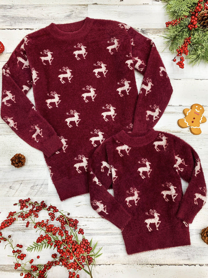 Mommy and Me Matching Tops | Winter Burgundy Reindeer Print Sweater 