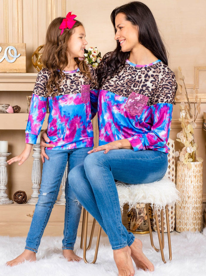 Mommy & Me Matching Tops | Animal Print Sequin Pocket Colorblock Tie Dye