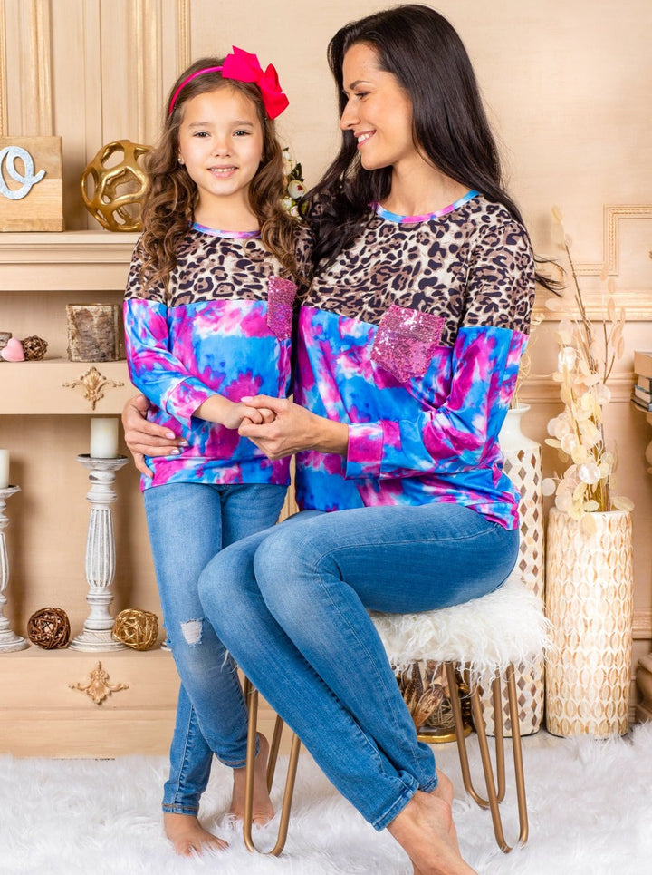 Mommy & Me Matching Tops | Animal Print Sequin Pocket Colorblock Tie Dye