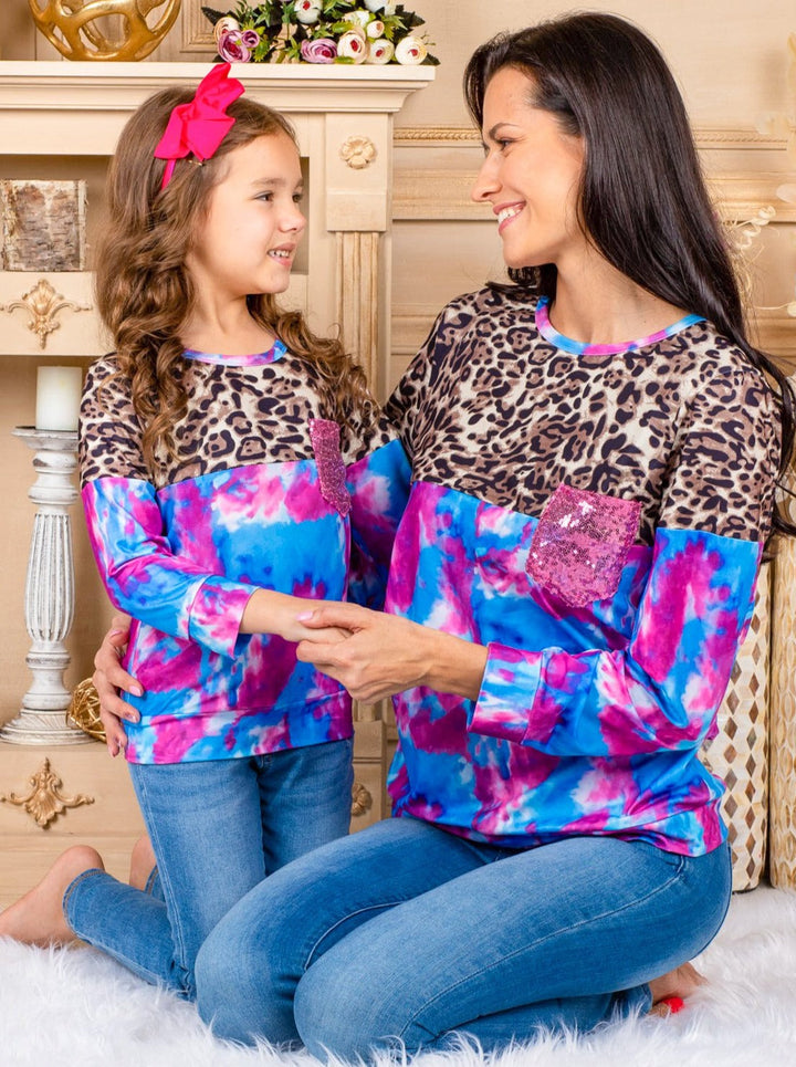 Mommy & Me Matching Tops | Animal Print Sequin Pocket Colorblock Tie Dye